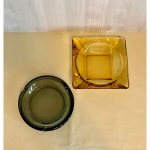 Set (2) Vintage Glass Ashtray Round Smoke Gray Square Amber Gold MCM Retro Decor